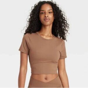 NWT JoyLab Women Mocha Brown Active Cropped Fit Tee Shirt Short Sleeve Crew Neck